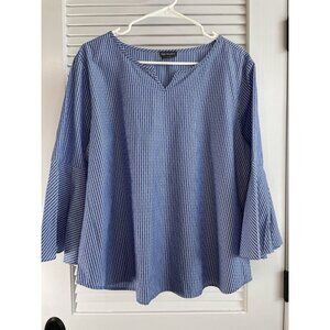 Van Heusen Blue White Bell Sleeve Striped Cotton Blend Peasant Shirt Women's XL